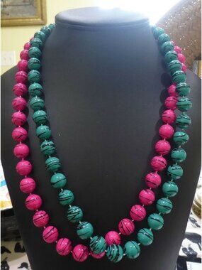 Vintage 80s Pink & Teal Black Swirl Bead Necklace Set | 24" Retro Statement